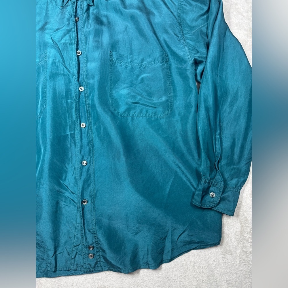 Men’s 100% Silk Nine Twenty East Lightweight Button Front Collared Teal Shirt  L - Picture 3 of 16